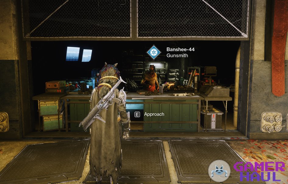 Approaching Banshee-44 to Acquire Witherhoard Catalyst at Tower in Destiny 2