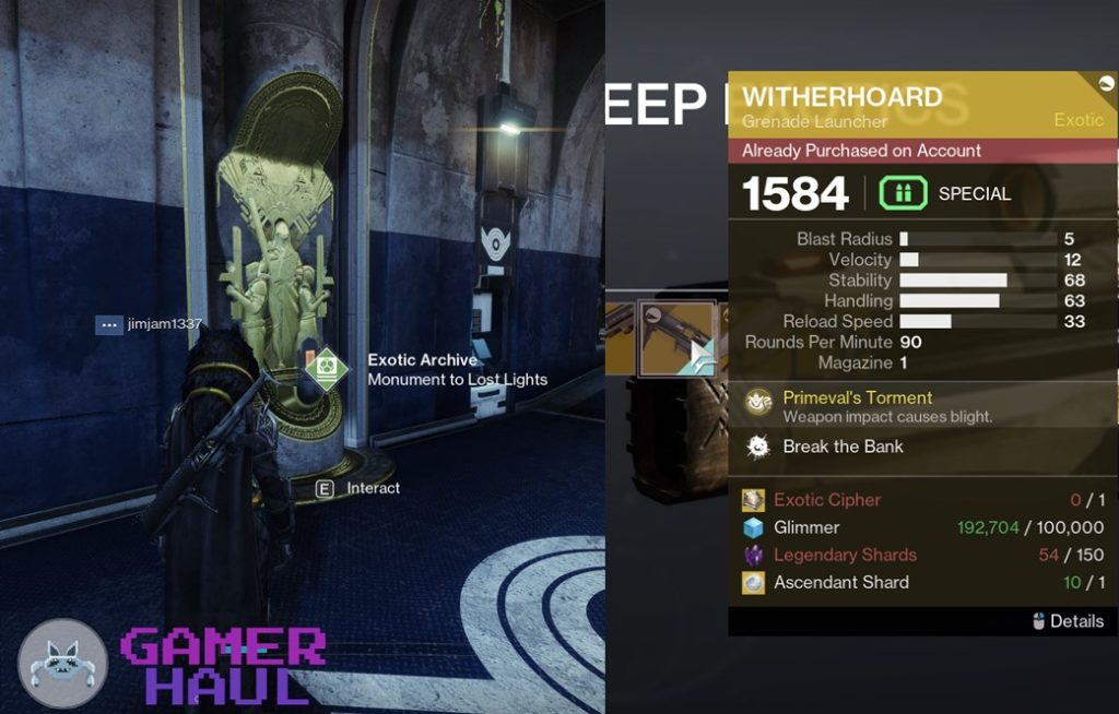 Location of Exotic Archive and Witherhoard Grenade Launcher in Destiny 2