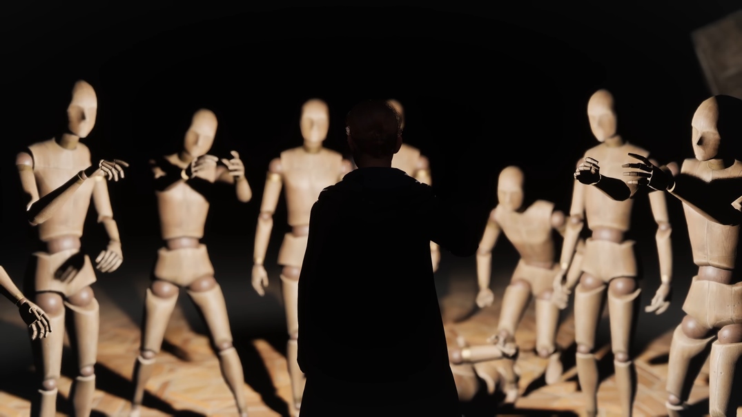 Hogwarts Legacy Screenshot Featuring Witch Character Facing a Group of Mannequins