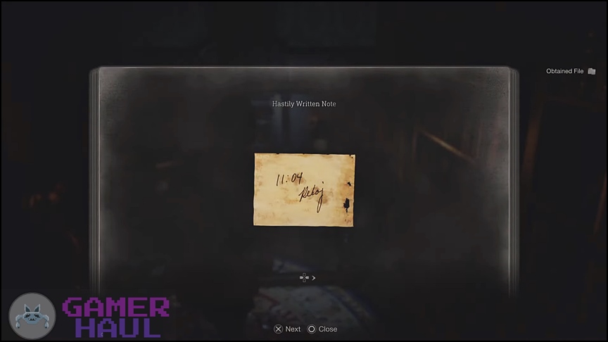 Screenshot of the hastily written note that contains the clue to the grandfather clock puzzle in resident evil 4 remake