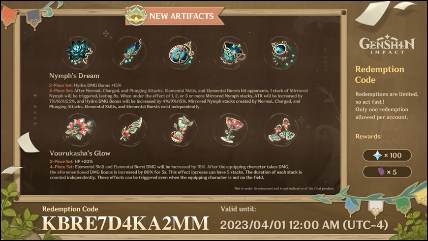 New artifacts to be added to genshin impact with version 3.6 update