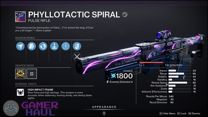In-Game Screenshot of a Level One Phyllotactic Spiral Destiny 2 Pulse Rifle