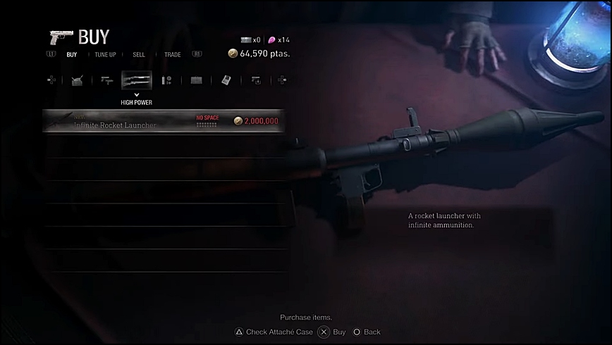 Infinite Ammo Rocket Launcher Buying Menu at the Merchant in Resident Evil 4 Remake
