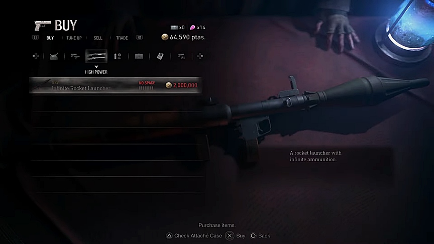 Infinite Ammo Rocket Launcher Buying Menu at the Merchant in Resident Evil 4 Remake