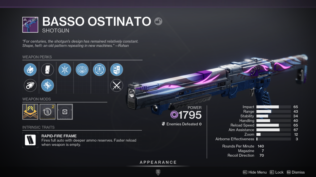 Basso Ostinato Shotgun Perks Screen in Destiny 2