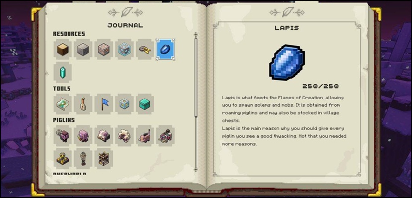 Screenshot of Minecraft Legends Journal Featuring the in-game description of Lapis, a mineral resource found in the new real-time strategy game