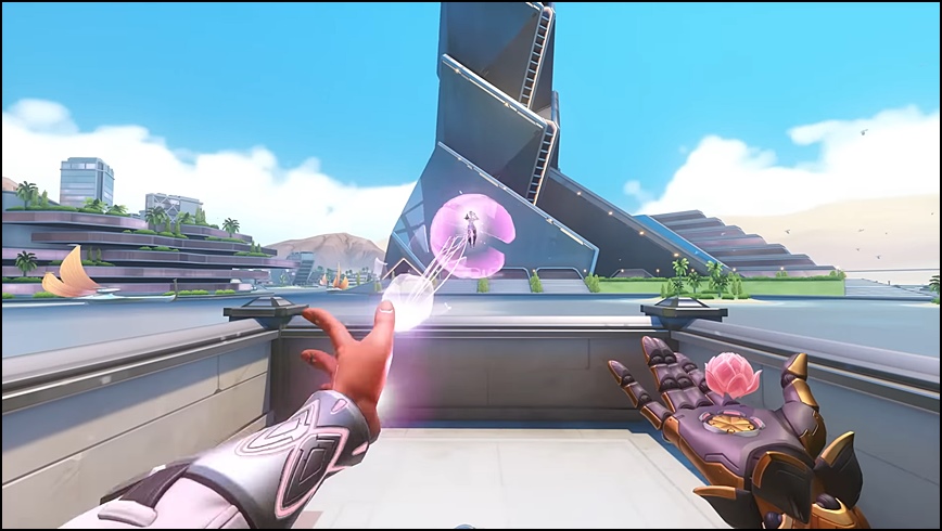 Lifeweaver life grip ability pulling a friendly Symmetra from outside the map screenshot