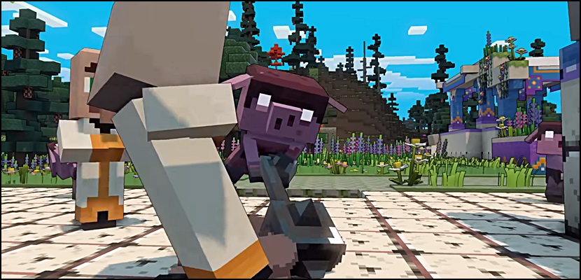 A Piglin creature attacking a village in Minecraft legends screenshot
