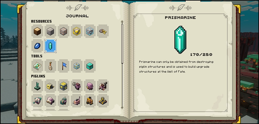 Description of the Prismarine resource in Minecraft Legends as seen in the in-game journal