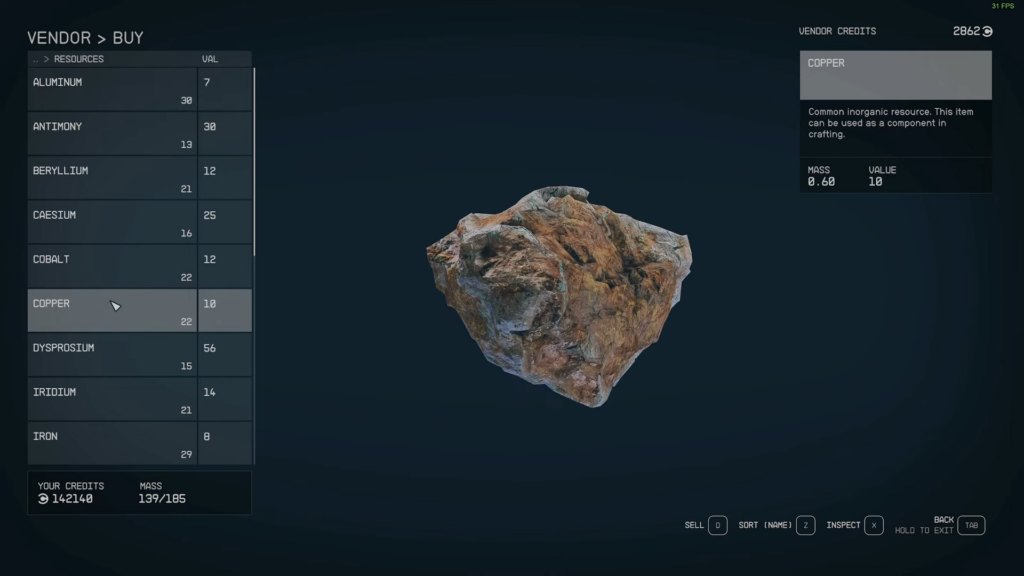 Purchasing Copper from Vendor in Starfield