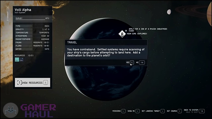 Contraband ship scan warning prompt in Starfield screenshot