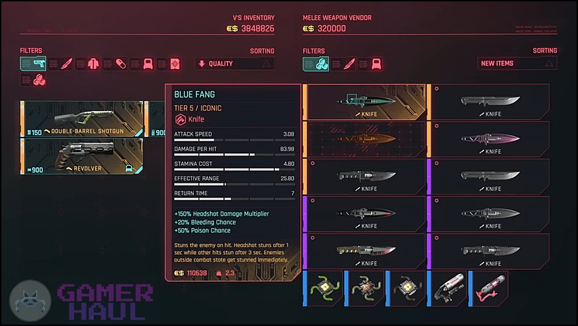 Screenshot of Blue Fang Knife's Weapon Stats in Cyberpunk 2077