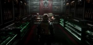A Call of Duty Operator standing in an armory room surrounded by different types of gears and loadouts.