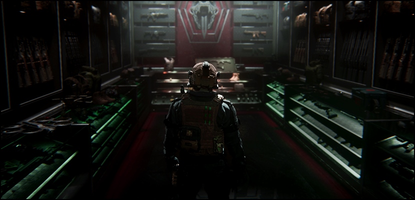 A Call of Duty Operator standing in an armory room surrounded by different types of gears and loadouts.