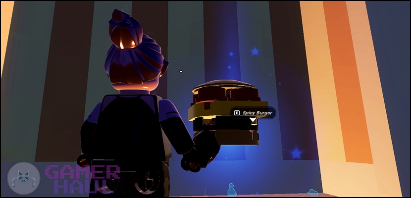 LEGO Fortnite character holding a Spicy Burger in hand.