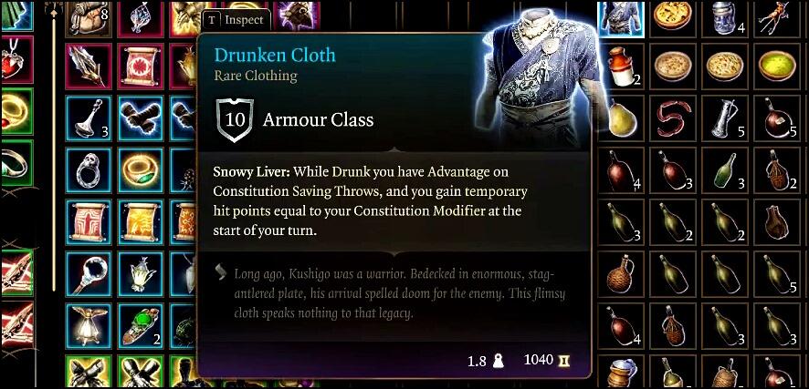 Drunken Cloth, a chest armor item in Baldur's Gate 3 player.