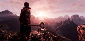 Screenshot showcasing landscapes of Enshrouded which runs on a voxel engine.