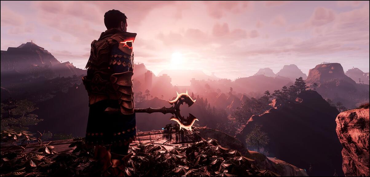 Screenshot showcasing landscapes of Enshrouded which runs on a voxel engine.