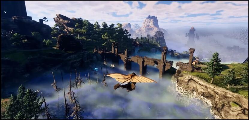 A screenshot of player deploying a glider to traverse the map in Enshrouded.