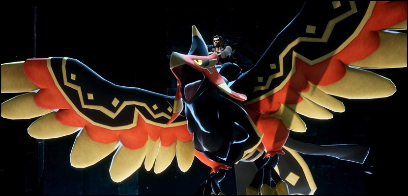In-game Screenshot of the bird-type pal, Faleris, spreading its wings in Palworld.