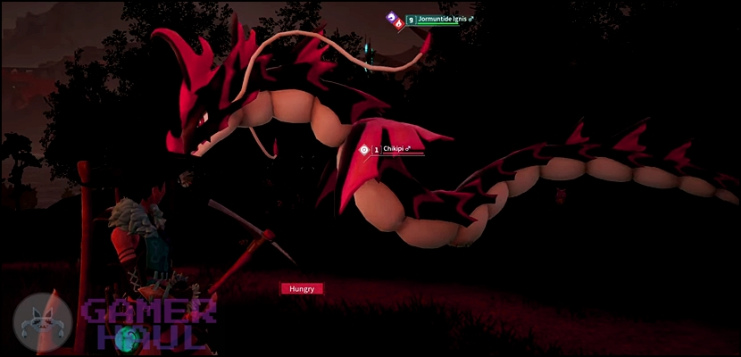 Image of Jormuntide Ignis, a huge Fire-type Dragon pal in Palworld.