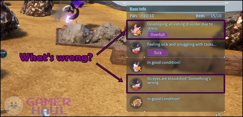 Screenshot of Pals developing bloodshot eyes and overeating due to stress in Palworld.