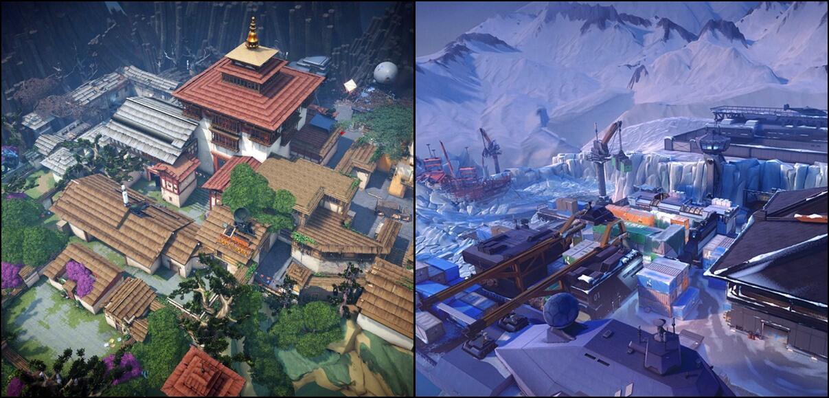 Side by side comparison of the Haven and Icebox maps in Valorant Episode 8 Act 1