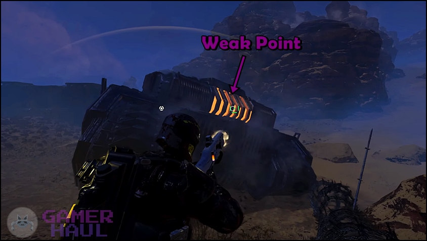 Image pointing out the heatsink weak point of an Automaton Annihilator Tank in Helldivers 2. 