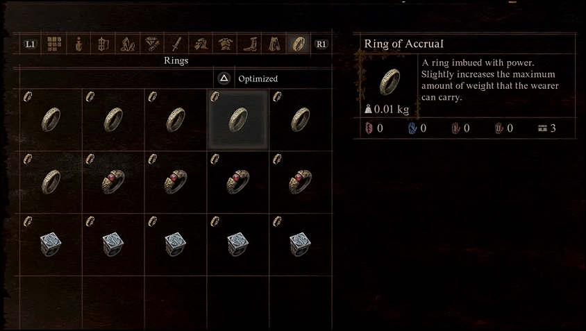 A screenshot of the player's Inventory consisting of different Rings accessories in Dragon's Dogma 2.