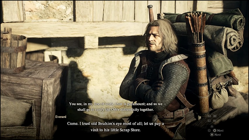 Engaging in conversation with Everard, one of the NPCs in the 'Hunt for the Jadeite Orb' side quest in Dragon's Dogma 2.