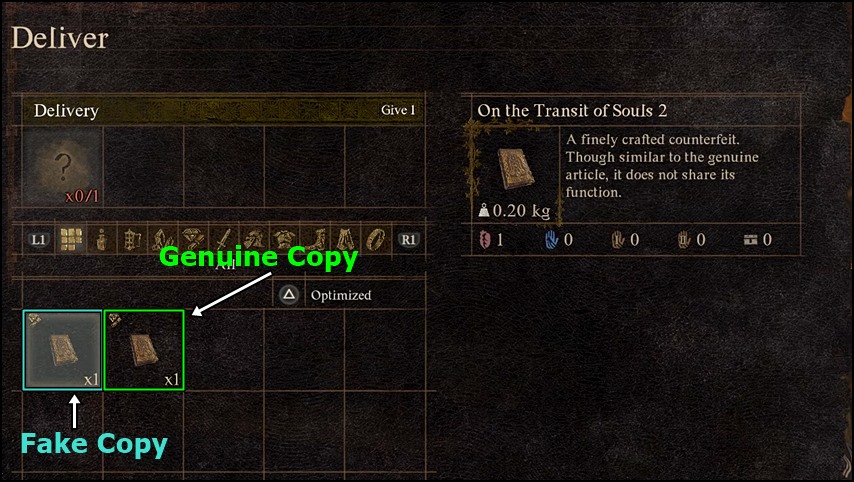 Screenshot pointing out the fake and genuine copies of the 'On the Transit of Souls 2' grimoire.
